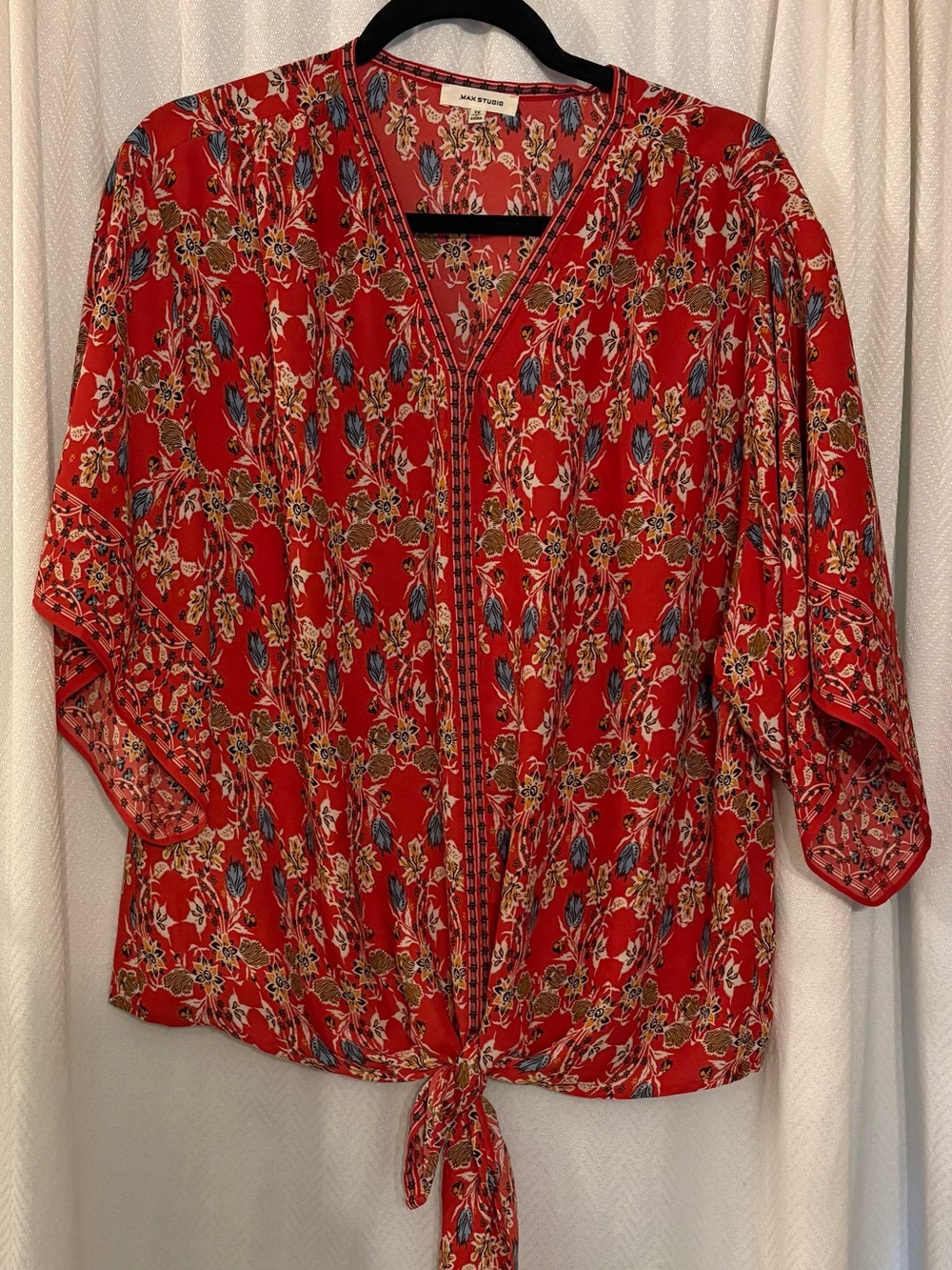 Red Floral Blouse w/ Tie Front